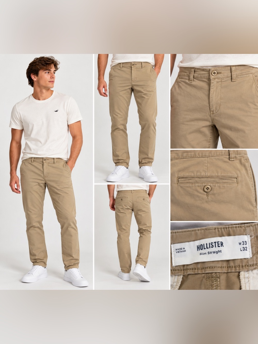 Hollister Men’s 33x32 Khaki Chino Pants Slim Straight Tan Stretch